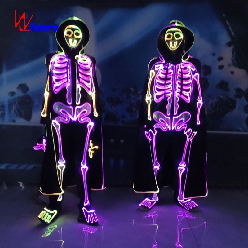 A glowing skeleton costume with a cape